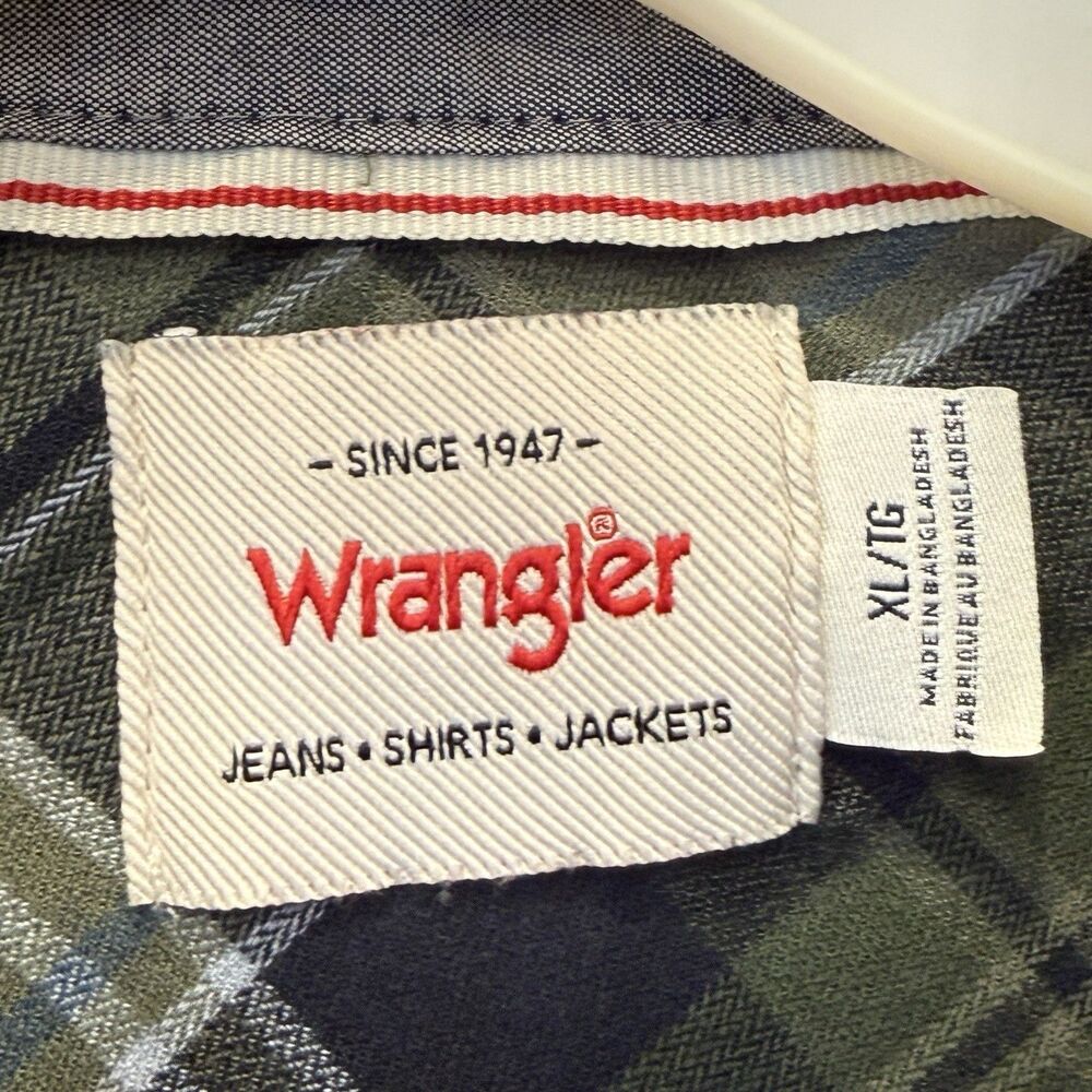 VTG Wrangler PearlSnap Mens Shirt XL Olive Green Plaid Brushpopper Western Rodeo - Picture 3 of 7